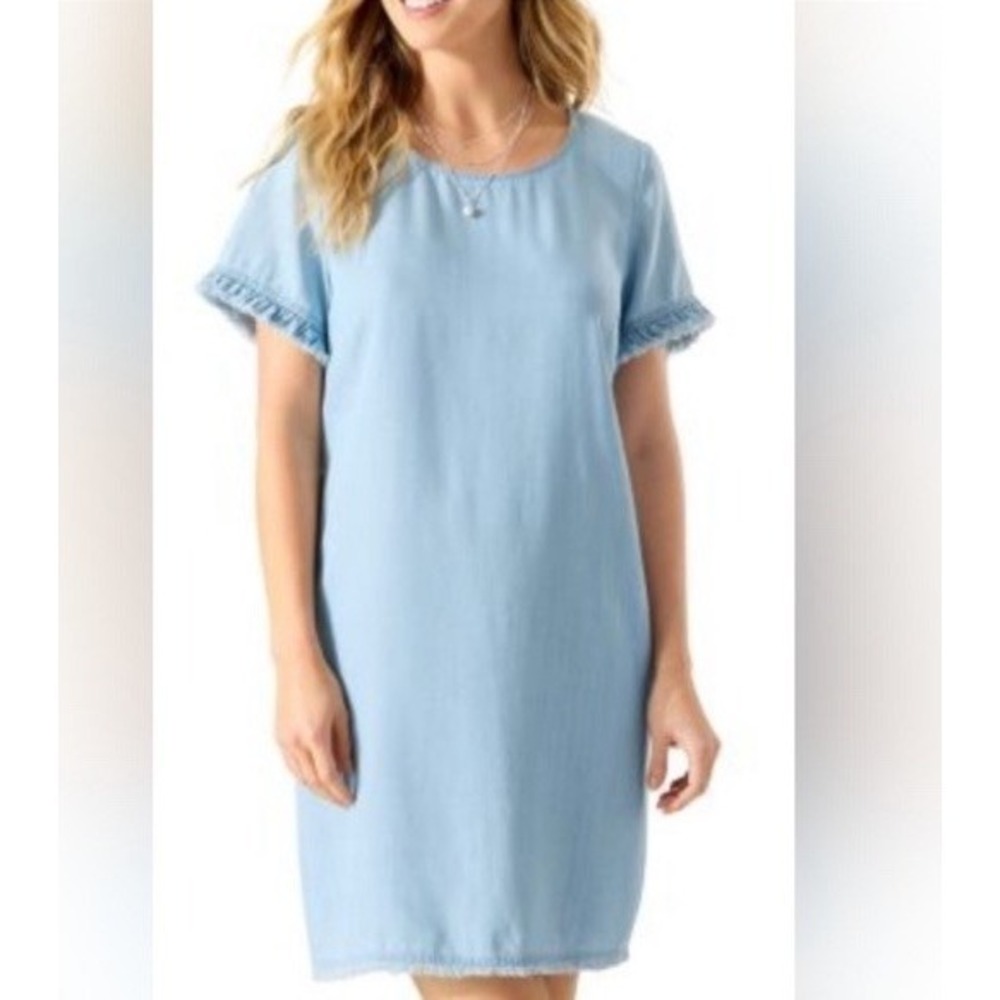 Tommy Bahama Tencel Short Sleeve Pullover Blue Chambray Flutter Dress Sz XL Boho
